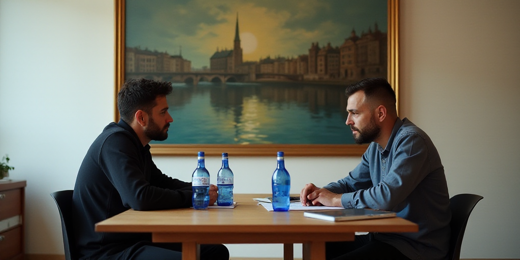 two men sitting at a table with bottled water bottles on it and a painting behind them, both of them