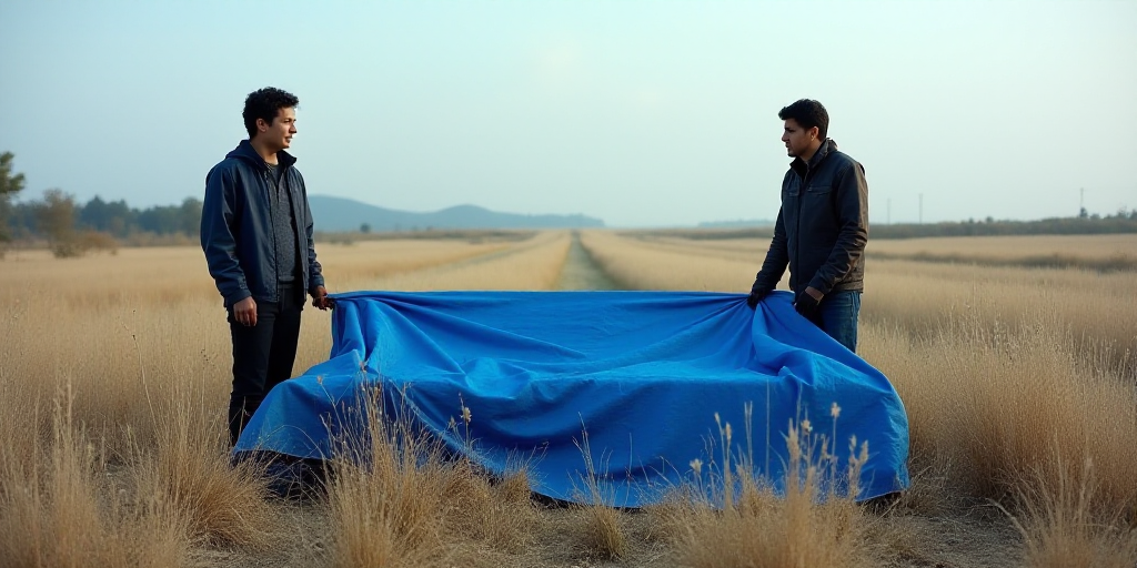 two men standing in a field with a blue tarp covering them and a blue bench with a blue tarp coverin