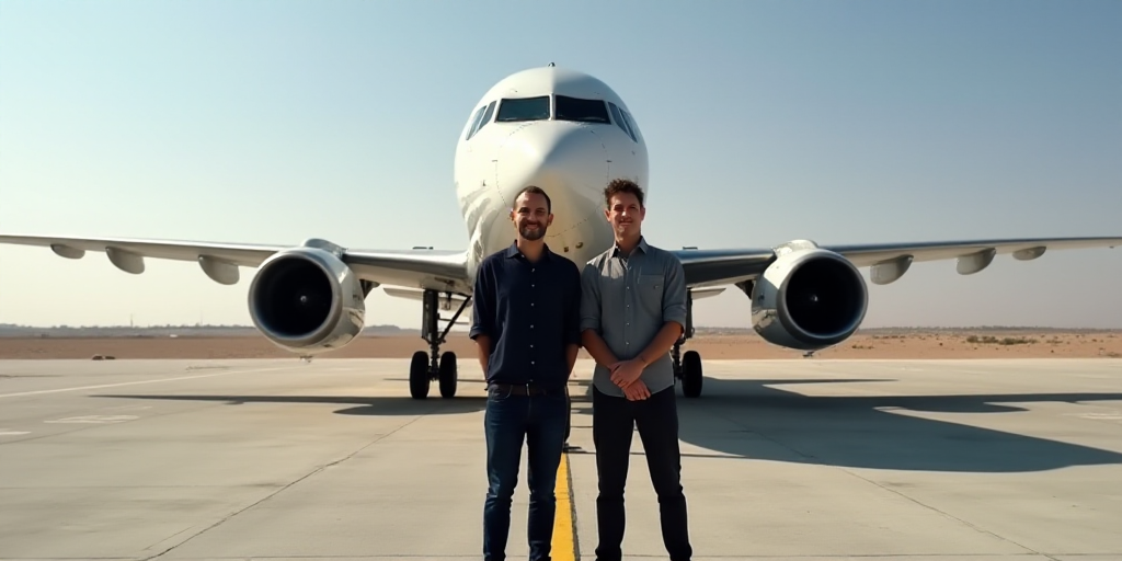 two men standing next to each other in front of a large airplane on a stage with a backdrop of a des