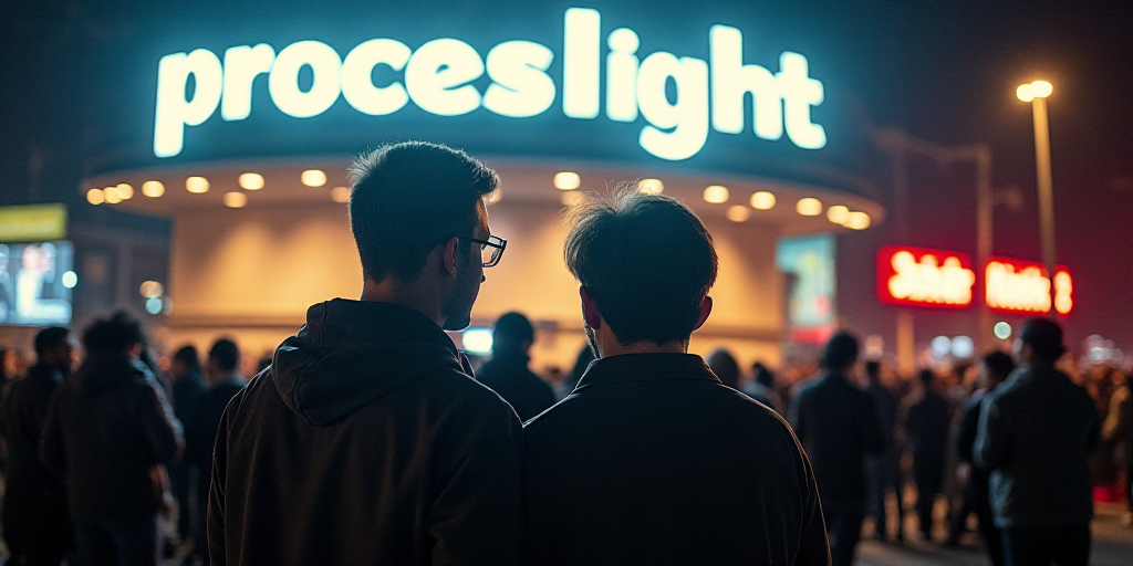two men standing next to each other in front of a sign that says processlight sky on it and a crowd