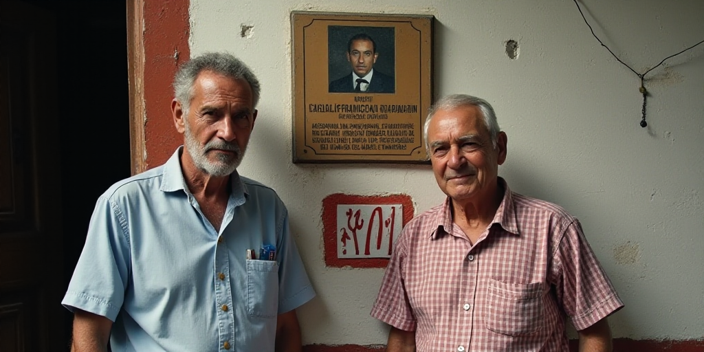 two men standing next to each other in front of a sign with a picture on it and a plaque, Carlos Fra