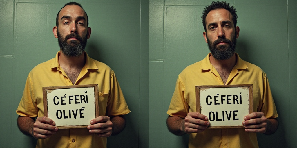 two mug shots of a man in prison jail cells, one of which is holding a sign that says,, Ceferí Oliv