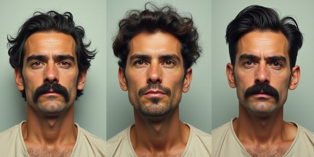 two mug shots of a man with a mustache and a mustache on his head, and a mug shot of a man with a mu