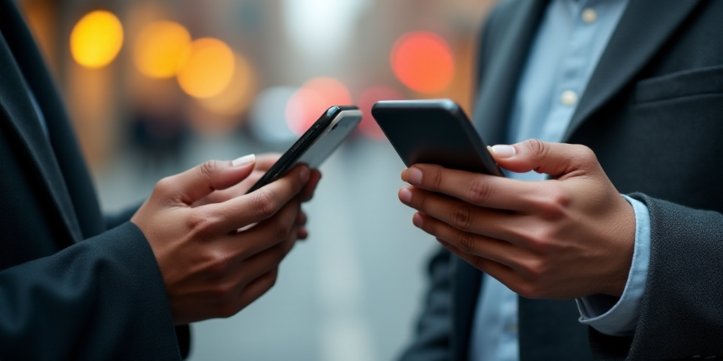 two people are using their cell phones together, one is holding a smart phone and the other is holdi