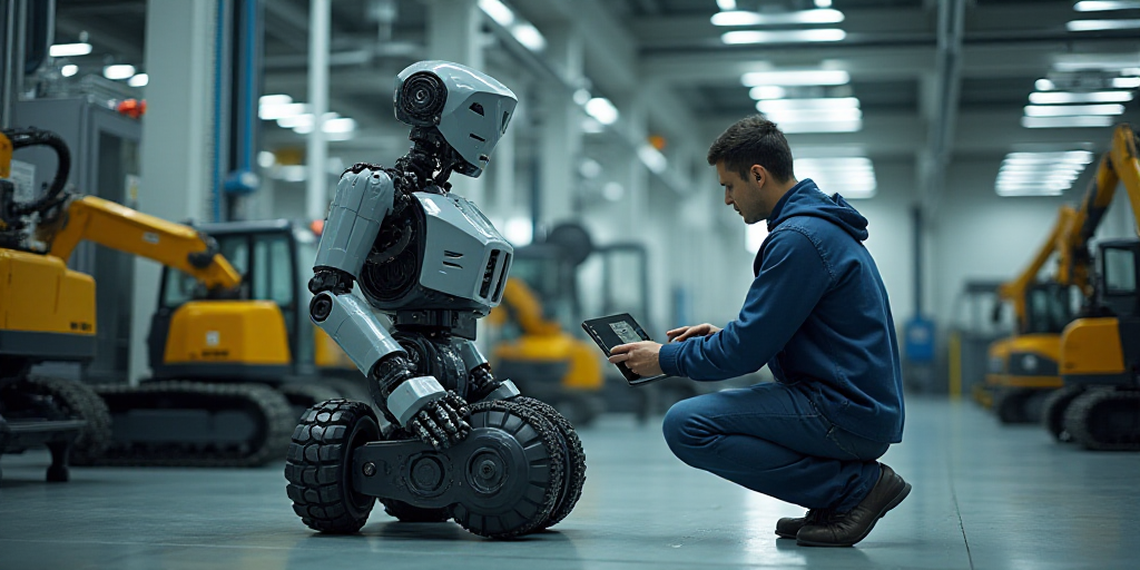 two people in a factory working on a machine with wheels on it and a machine with wheels on it, Engu