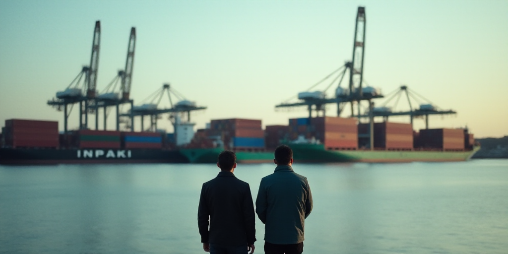 two people looking at a large container yard with cranes in the background and a body of water in th