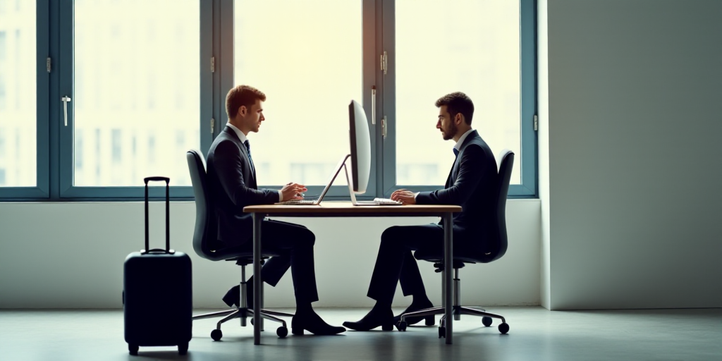 two people sitting at a desk with a computer and a keyboard and a suitcase on the floor next to them