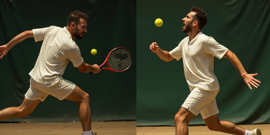 two photos of a man playing tennis and a man holding a racket in his hand and a tennis ball in his o
