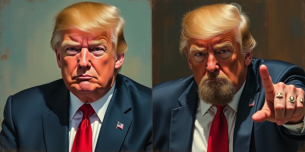 two photos of donald trump and a man with a beard and a suit jacket and tie, one of which is pointin
