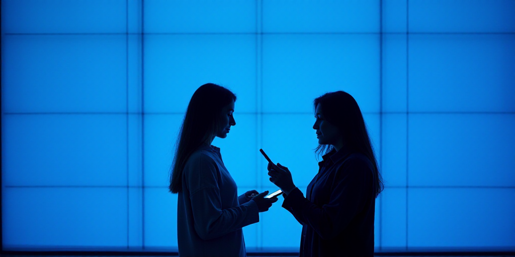 two women standing in front of a blue background with a cell phone in their hand and a blue backgrou