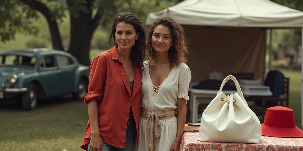 two women standing next to each other near a tent and a table with a white bag on it and a red hat o