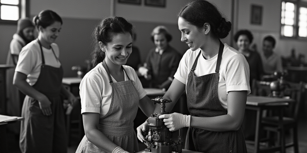 two women working on a machine in a factory with other workers nearby looking on and smiling at the