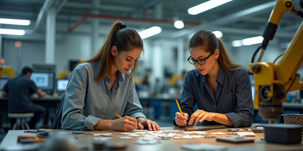 two women working on a project in a factory with machines and equipment in the background, and a man