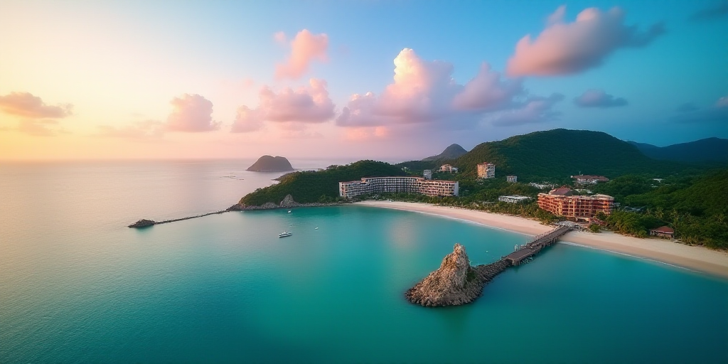 a bird's eye view of a beach resort and resort in the ocean with a colorful sky in the background, C