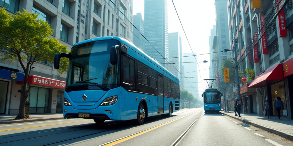 a blue bus driving down a street next to a cable car and a yellow line on the road and a blue cable