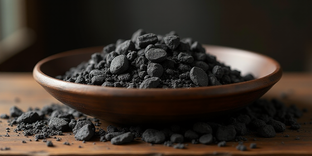 a bowl of coal coals on a table top with a wooden table top in the background and a bowl of coals on