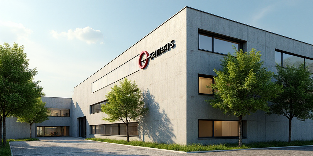 a building with a sign that says semens on it's side and trees in front of it, Ernst, logo, a comput