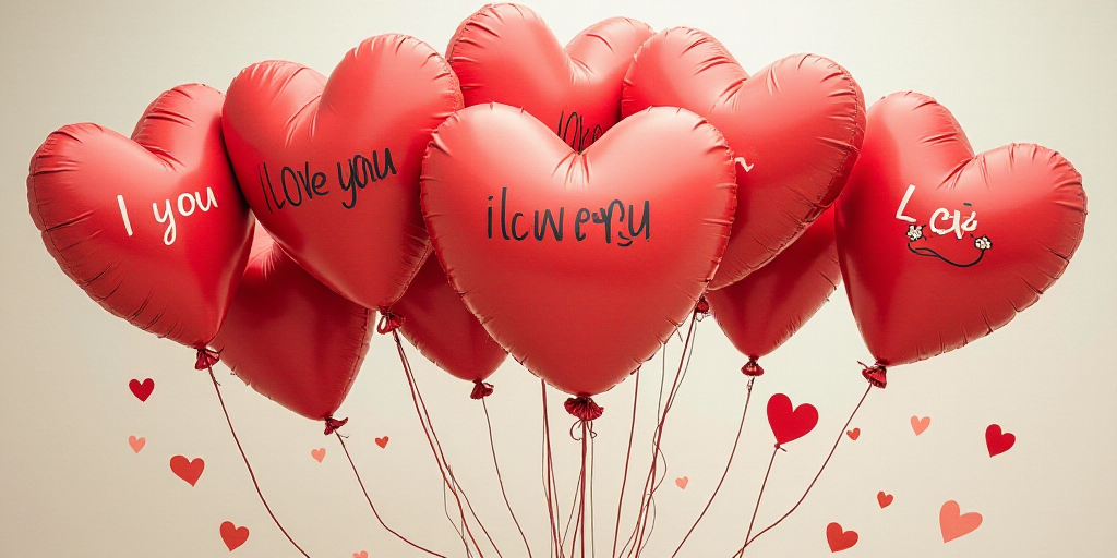 a bunch of balloons that say i love you and have a heart on them with a cartoon character on them, A