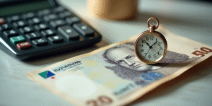 a calculator and a bank note on a table with a clock on it and a calculator, Aquirax Uno, macro, a s