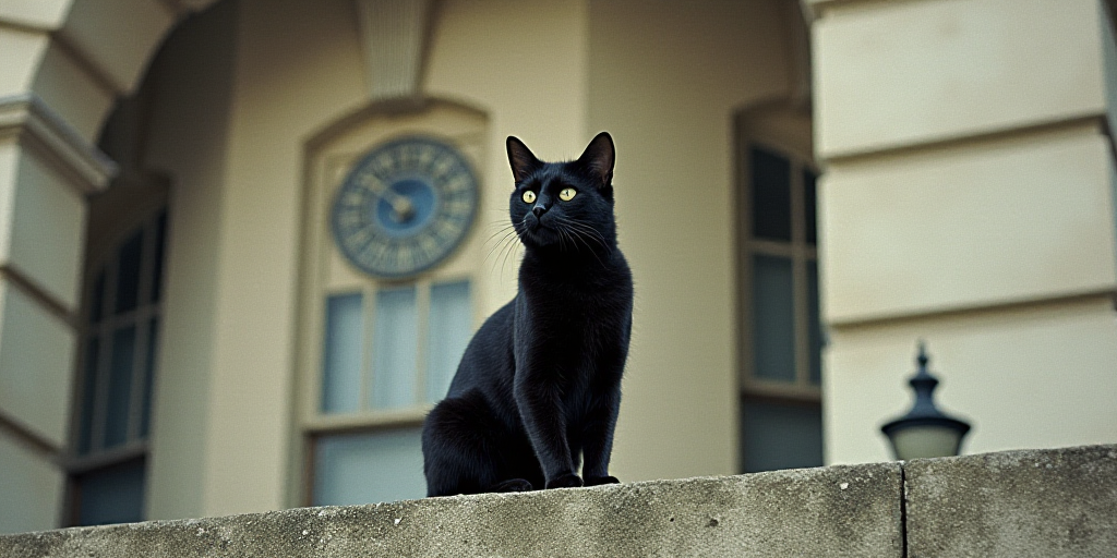 a cat is sitting on a ledge in front of a building with a clock on it's face, Brice Marden, 3 5 mm f