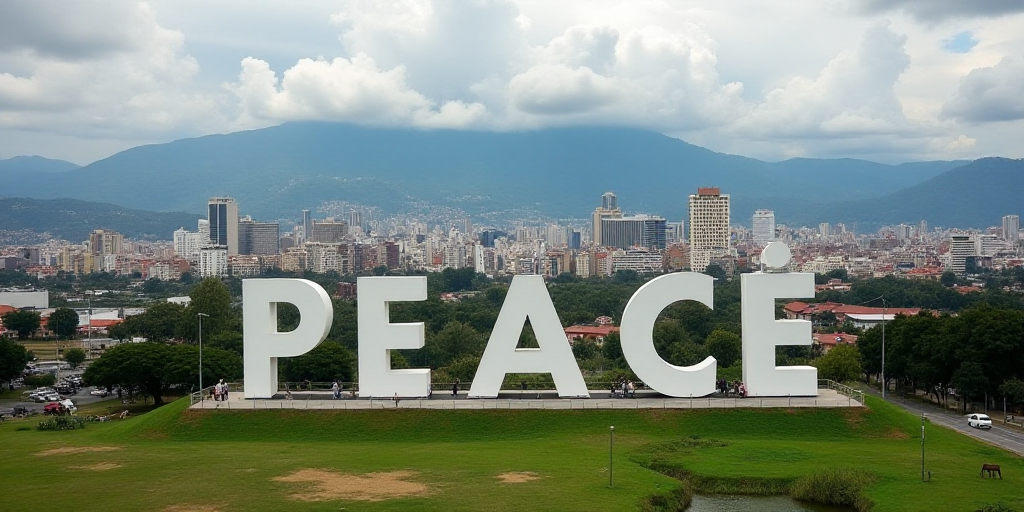 a city with a large sign that says peace in the middle of it's letters and a city in the background,