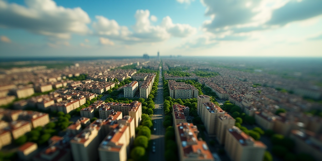 a city with lots of buildings and lots of trees in the middle of it, from above, looking down on a c