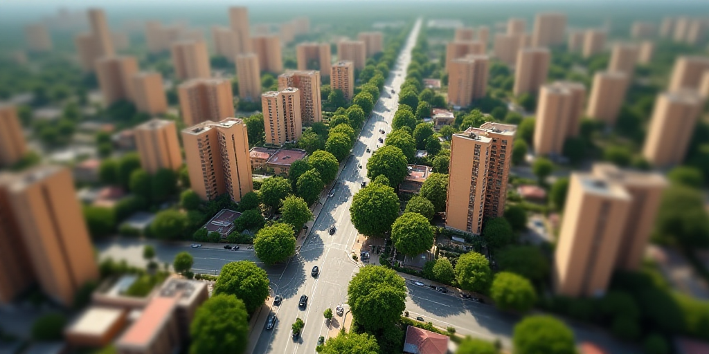 a city with lots of tall buildings and trees in the middle of it, and a parking lot in the middle of