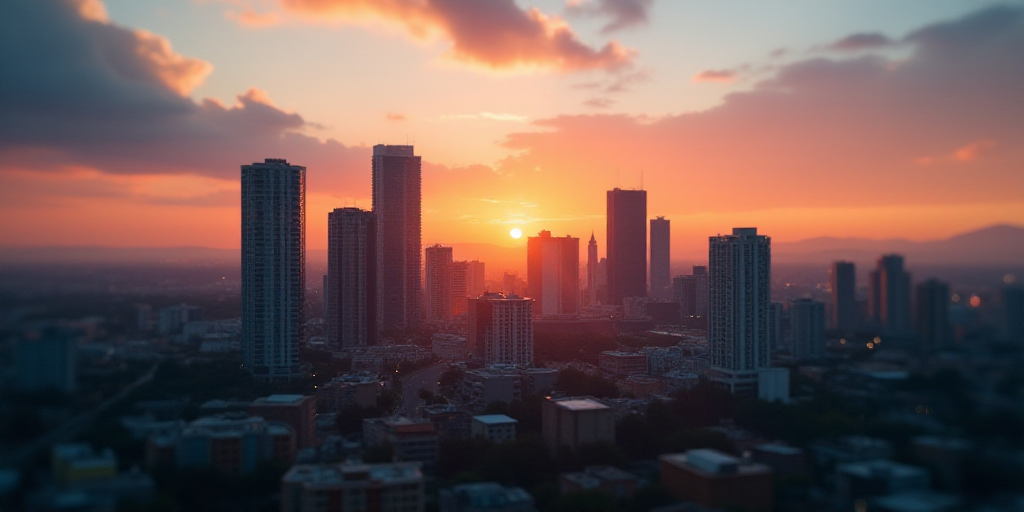 a city with tall buildings and a sky line in the background at sunset or sunrise with a few clouds,