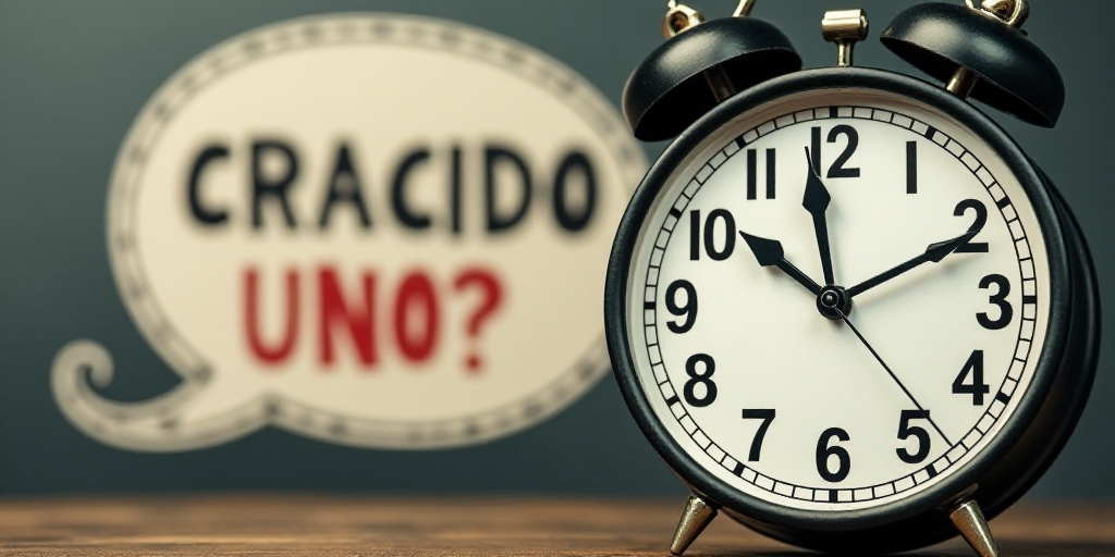 a clock with a speech bubble in front of it and a spanish language sign in the background with a que