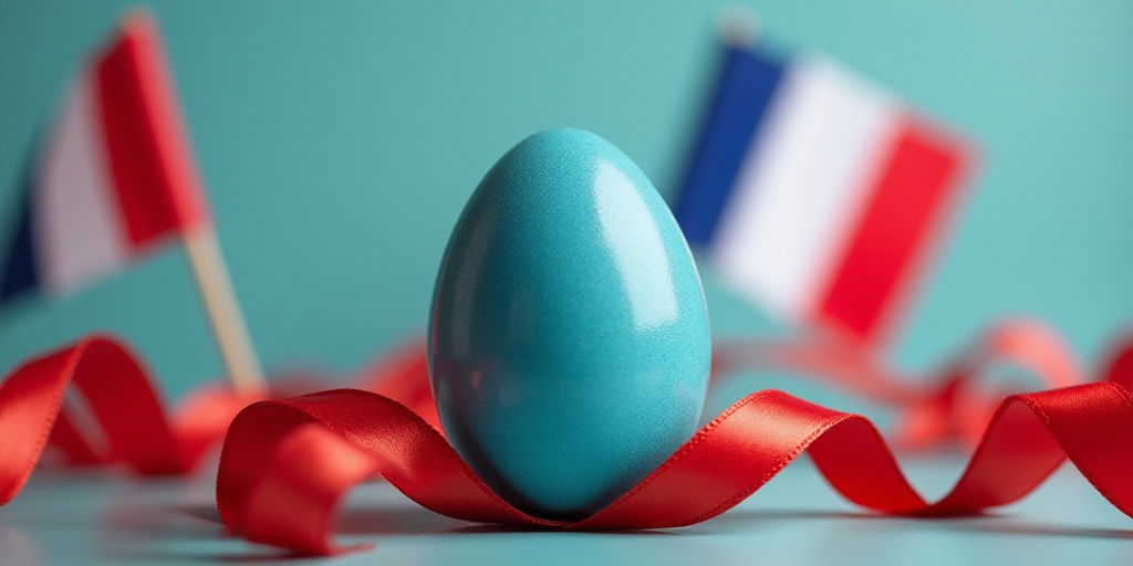 a close up of a blue egg with a red ribbon around it and flags in the background with a red, white,