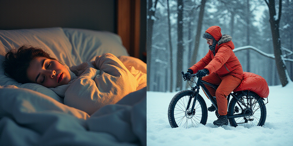 a collage of photos of people sleeping and sleeping in bed and a woman on a bike with a sleeping bag