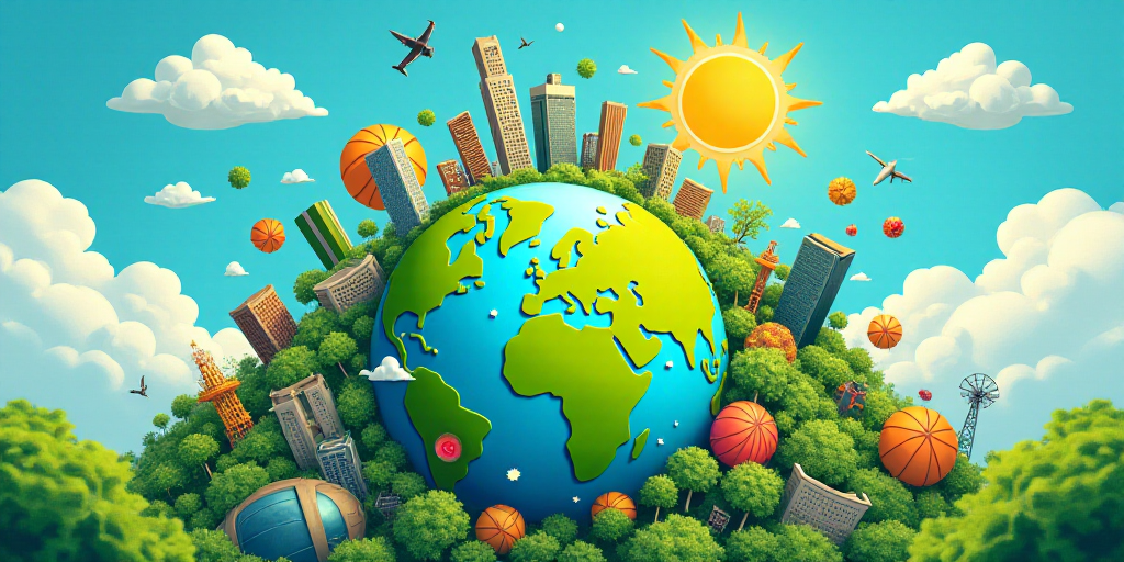 a colorful graphic of a green earth surrounded by other icons and symbols on a blue background with