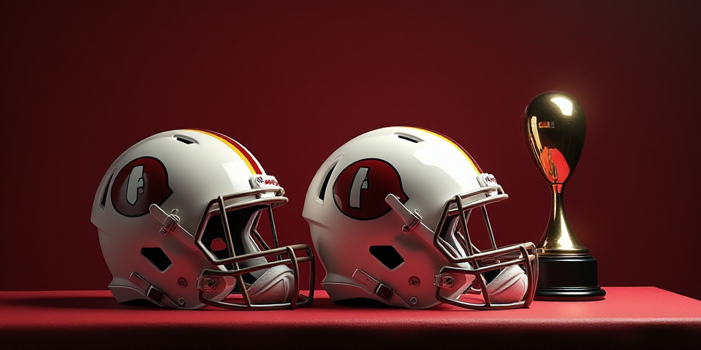 a couple of helmets sitting on top of a table next to a trophy and a bottle of wine on a table, Denn