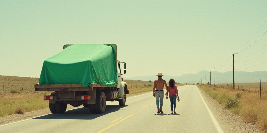 a couple of people walking down a road next to a truck with a green blanket on it's back, Estuardo M