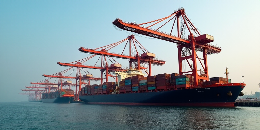 a crane is lifting containers from a ship to be loaded with cargo at a port in china, asia, Colijn d