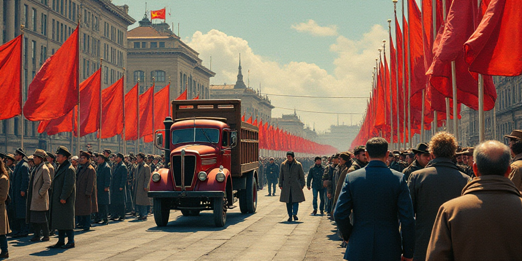 a crowd of people walking down a street with flags and a picture frame on a truck in the middle of t