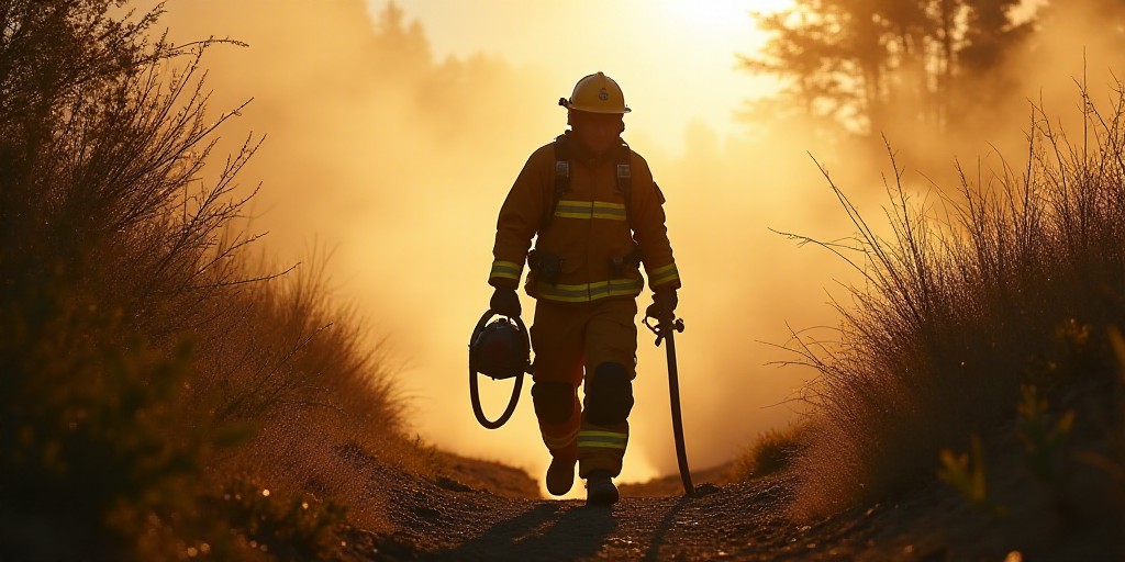 a firefighter is walking through the brush with a fire hose in his hand and a fire hose in his other