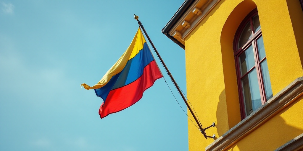 a flag and a flag hanging from a building in a city with yellow walls and a blue sky in the backgrou