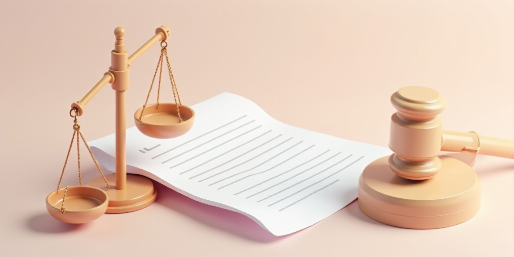 a flat 3d illustration of a legal document and a judge's hammer and a judge's scale, Bela Čikoš Se