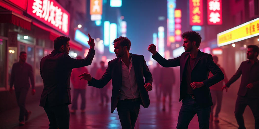 a group of men dancing in a city at night time with neon signs in the background and a neon light, A