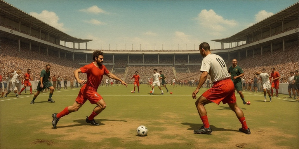 a group of men playing a game of soccer on a field of grass and dirt with a stadium in the backgroun