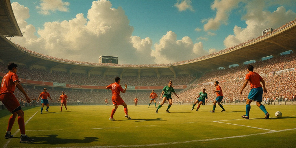 a group of men playing a game of soccer on a field with a crowd watching them from the stands, Feder