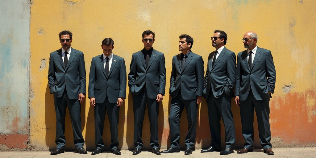 a group of men standing next to each other in front of a wall with a knife in his hand, Estuardo Mal