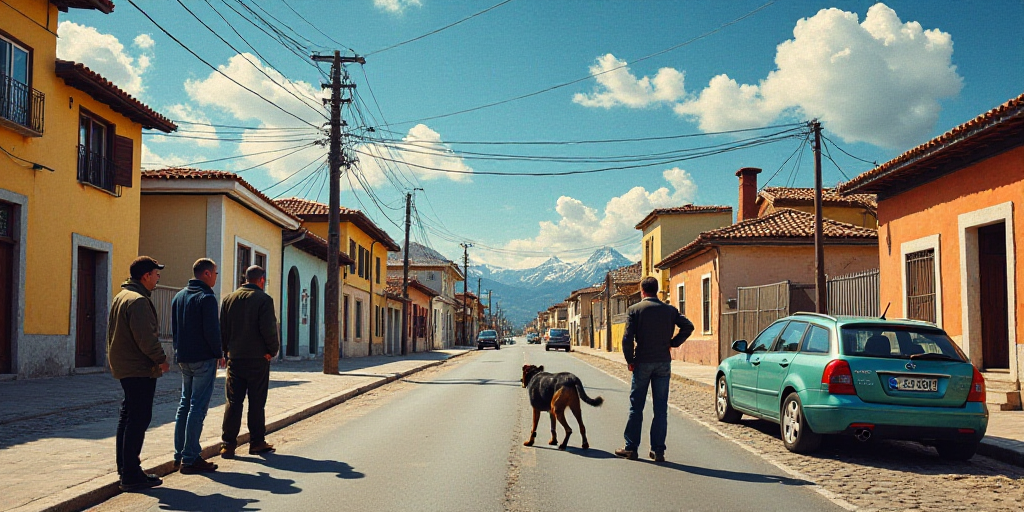 a group of men standing on the side of a road with a dog in the road and a car parked on the side of