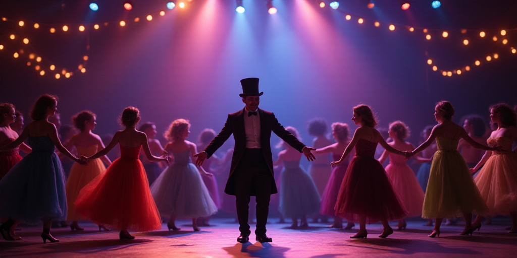 a group of people in costume performing a dance on a stage at night time with lights strung overhead