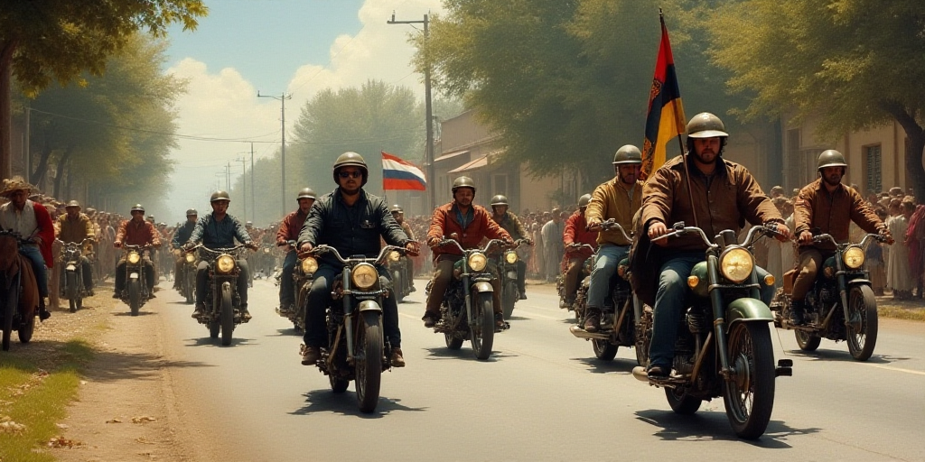 a group of people riding motorcycles down a street with a flag on the back of a car and a truck, Bou
