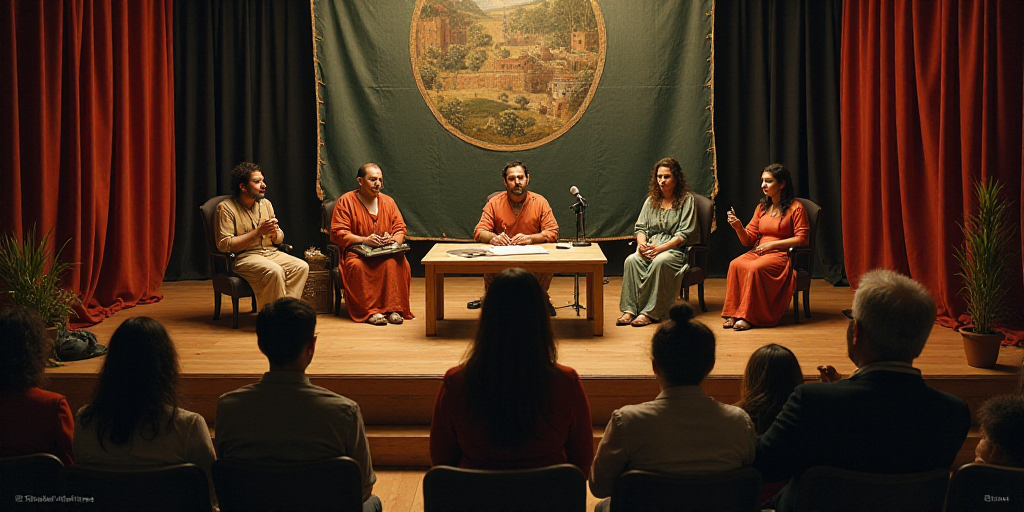 a group of people sitting on a stage with a banner behind them and a speaker at the front of the roo