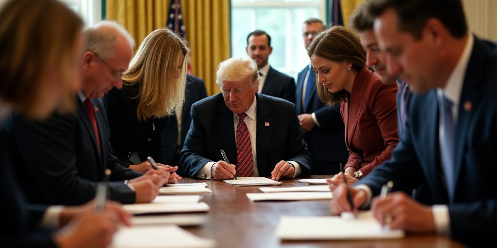 a group of people standing around a table signing papers and signing papers in front of them with pr