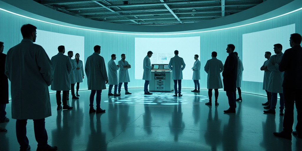 a group of people standing around a room with a machine in it's center and a man in a lab coat stand