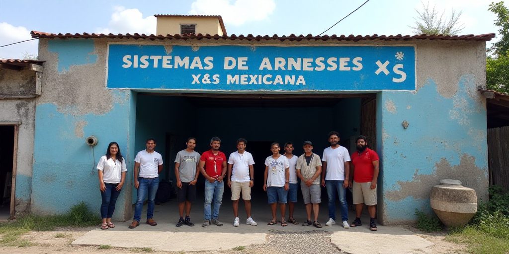 a group of people standing in front of a building with a blue sign that says sistemas de arnesses x